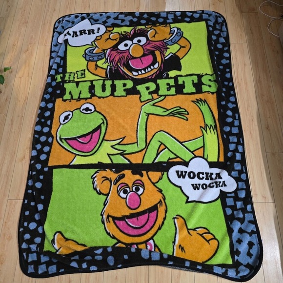 Vintage Disney Muppets Throw Blanket Fleece Animal Kermit Fozzie 57.5 x 80" - Picture 1 of 9